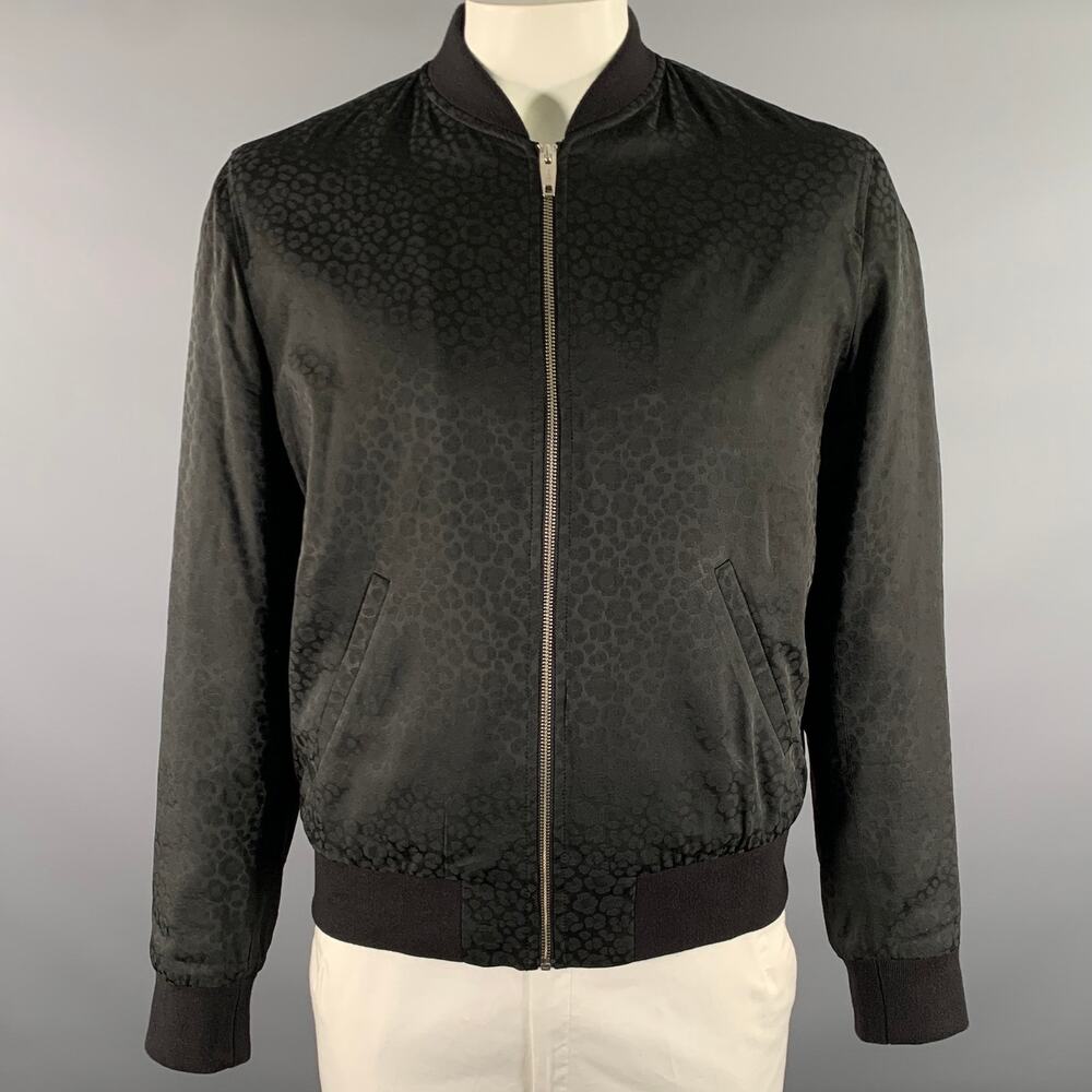 THE KOOPLES Size XL Black Animal Print Viscose Blend Bomber Jacket